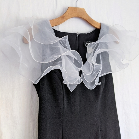 Vintage Dresses & Skirts - Vtg 90s Black White Sheer Ruffle Sleeve Mini Dress